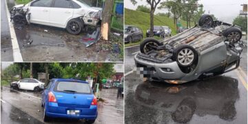 影音/疑因天雨路滑肇事 一車撞兩車後四輪朝天翻覆
