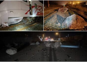 巨石震落鐵道　普悠瑪車頭撞擊出軌！