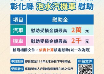 彰化縣強降雨泡水車慰助計畫 詳情可洽詢各鄉鎮市公所