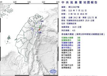 凌晨地牛翻身 花蓮近海規模4.5地震、最大震度3級