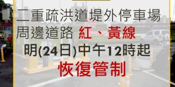 新北二重疏洪道周邊紅黃線停車 將於明(24日)中午12時恢復管制收費