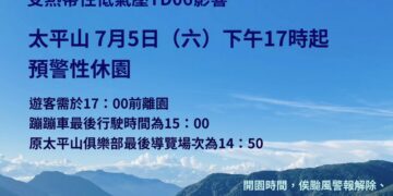 受熱帶性低氣壓或颱風影響 太平山7/5傍晚起預警休園
