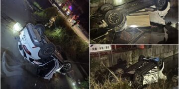 影音/轎車自撞翻落田中 四輪朝天釀5傷