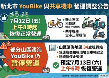 新北市市區YouBike與共享機車 12日上午8時起恢復正常營運
