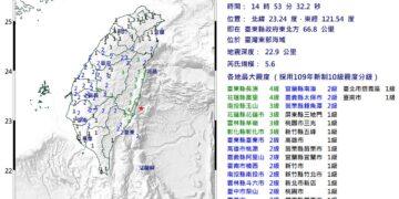 又來一震!5/12下午發生規模5.6有感地震