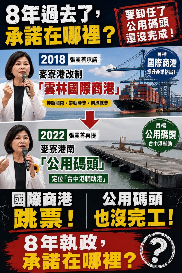 ▲2018年張麗善參選縣長提出打造麥寮國際商港政見，如今不僅沒實現，國際商港更降等為公用碼頭。（圖／AI製圖示意）