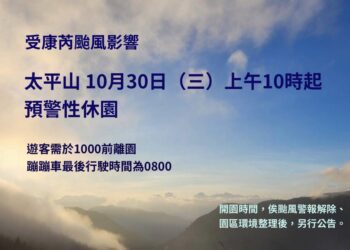 預測康芮恐撲台　太平山10/30上午10時起預警性休園