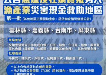 漁業災損現金救助及低利貸款　8月7日前受理申請