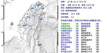 影音/0315台灣東部海域規模5.4地震 宜蘭及花蓮最大震度4級