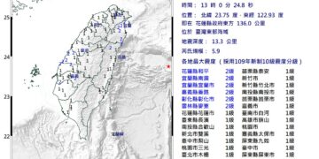 快訊/30日下午1點發生芮氏規模5.9地震 多地有感